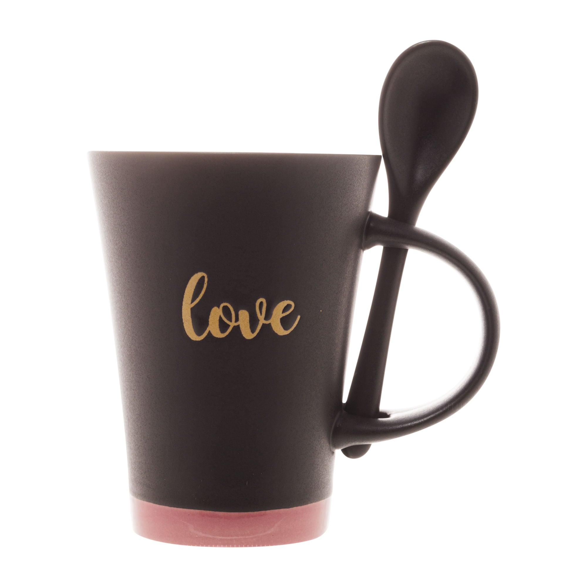 Caneca Cerâmica Love com Colher Preto e Rosa 310ml - Ela Decora