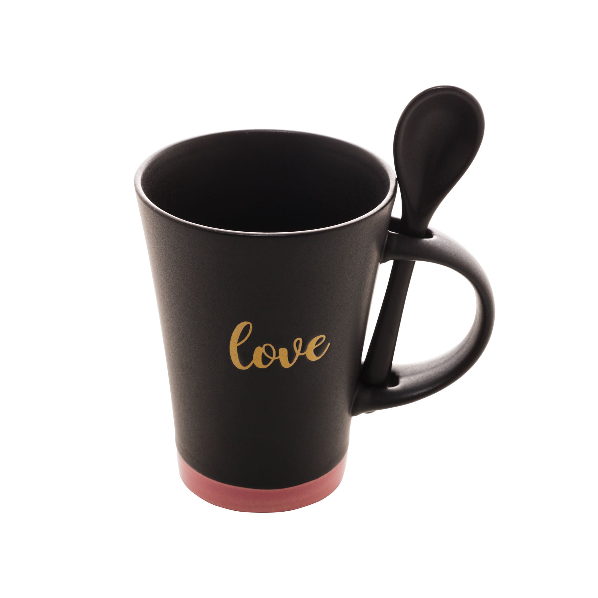 Caneca Cerâmica Love com Colher Preto e Rosa 310ml - Ela Decora