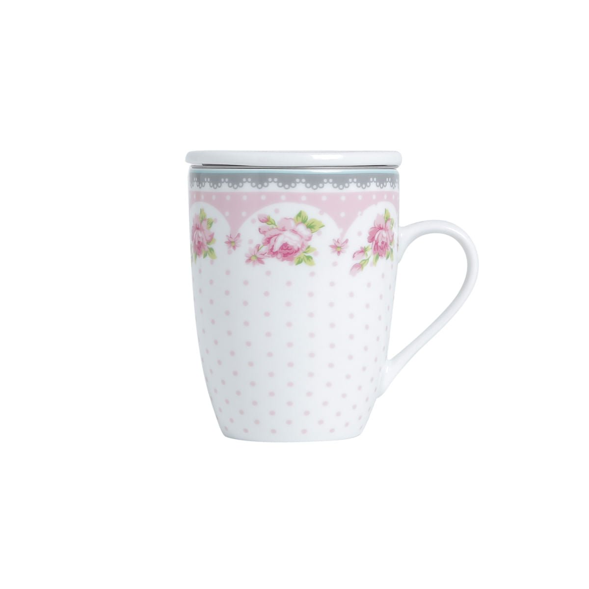 Caneca de Porcelana com Tampa e Filtro Difusor Rose Rosa Branco 310ml - Ela Decora