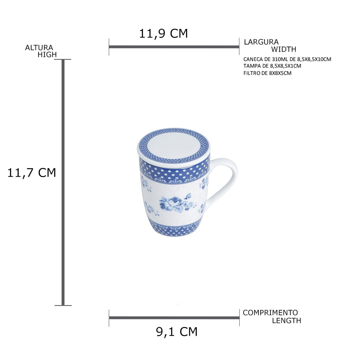 Caneca de Porcelana com Tampa e Filtro Infusor Elsa Azul Branco 310ml - Ela Decora