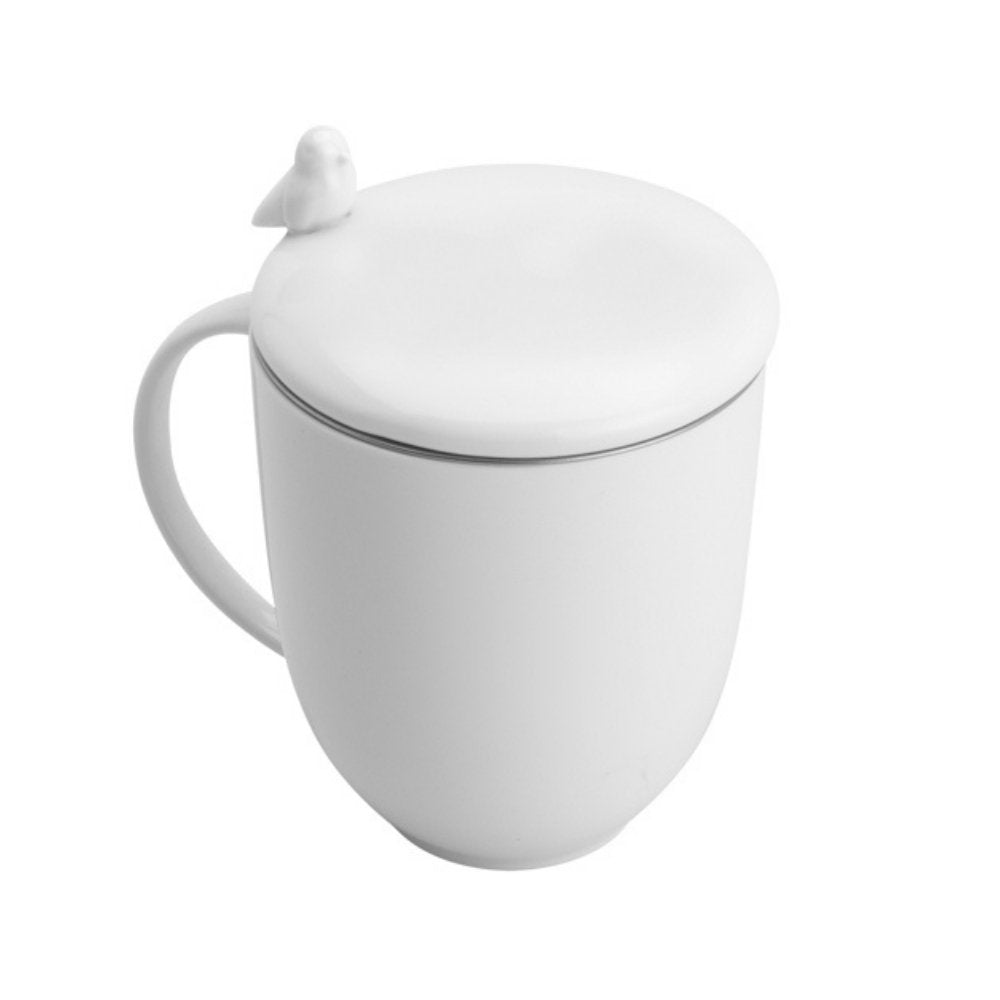 Caneca em Porcelana com Tampa e Infusor Birds Branco 350ml - Ela Decora