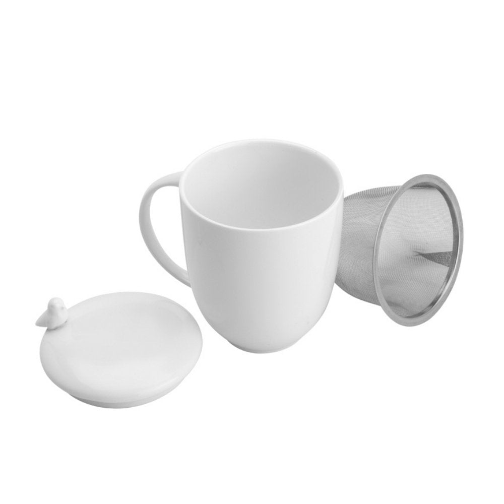 Caneca em Porcelana com Tampa e Infusor Birds Branco 350ml - Ela Decora