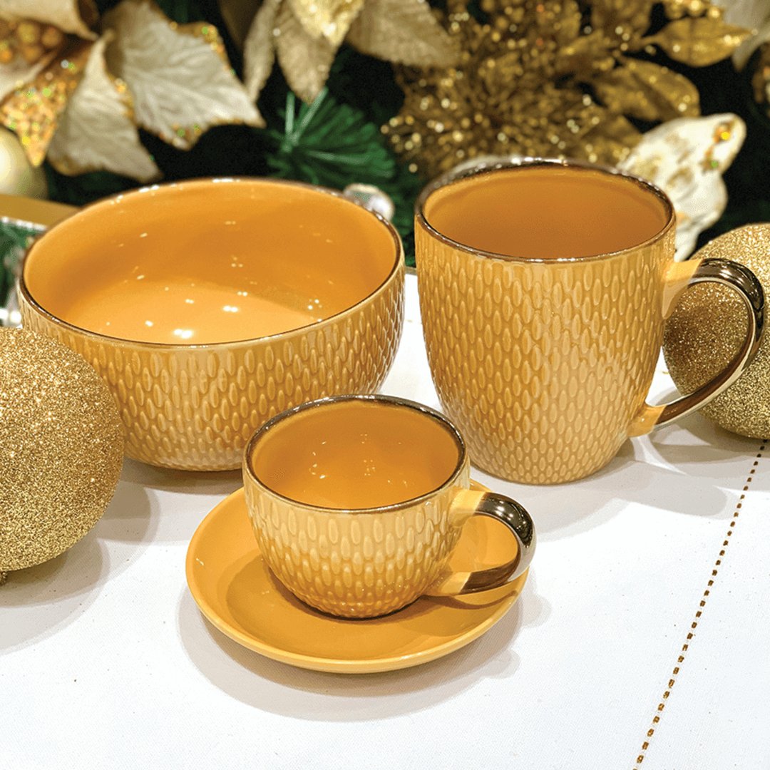 Caneca Porcelana Amarelo Drops com Detalhe Metalizado - 400ml - Ela Decora