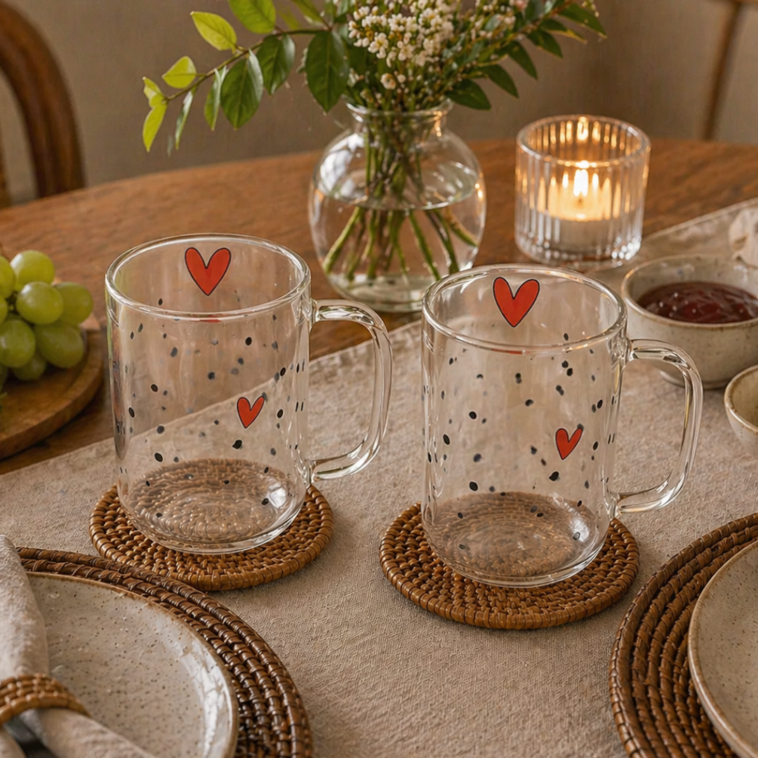 Duas canecas de vidro com corações vermelhos em mesa posta decorada