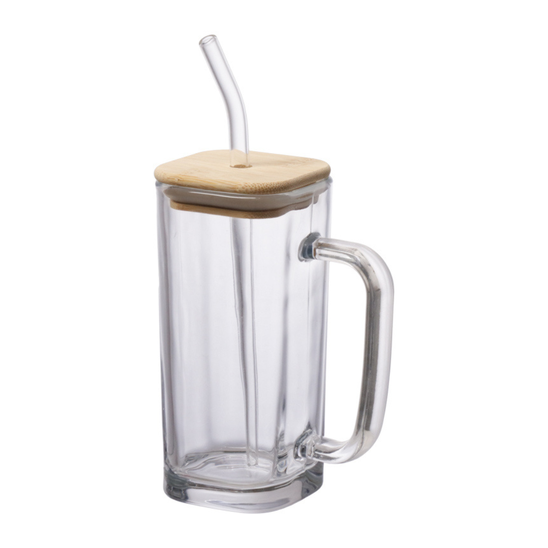 Caneca 290ml vidro transparente com alça e tampa de madeira