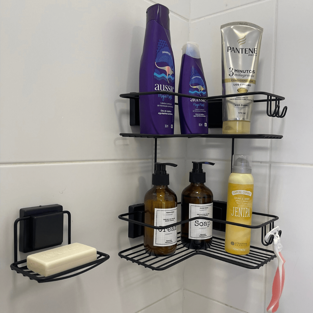 Cantoneira Porta Shampoo Dupla Fixação Ventosa Preto - Ela Decora