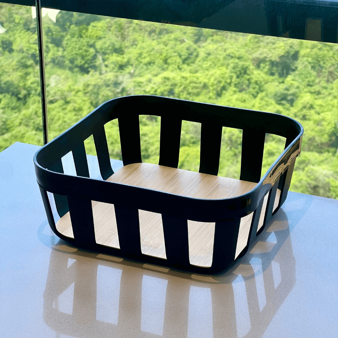 Cesto de Pão Lume Plástico e Bambu Preto 24cm