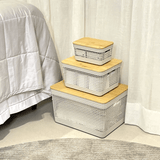 Conjunto 3 Cestos Organizadores Grid Bege com Tampa de Bambu - Ela Decora