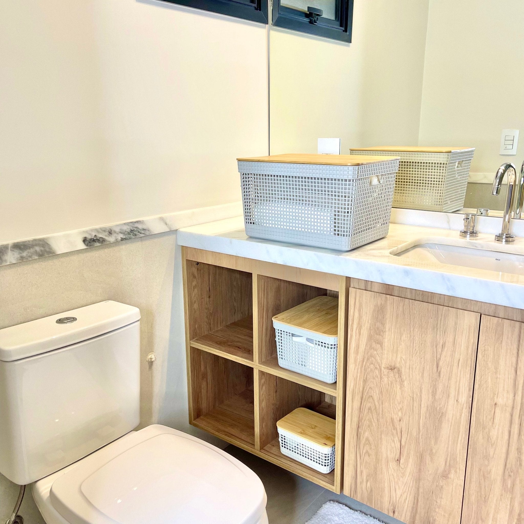 Conjunto 3 Cestos Organizadores Grid Bege com Tampa de Bambu - Ela Decora