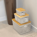 Conjunto 3 Cestos Organizadores Grid Bege com Tampa de Bambu - Ela Decora