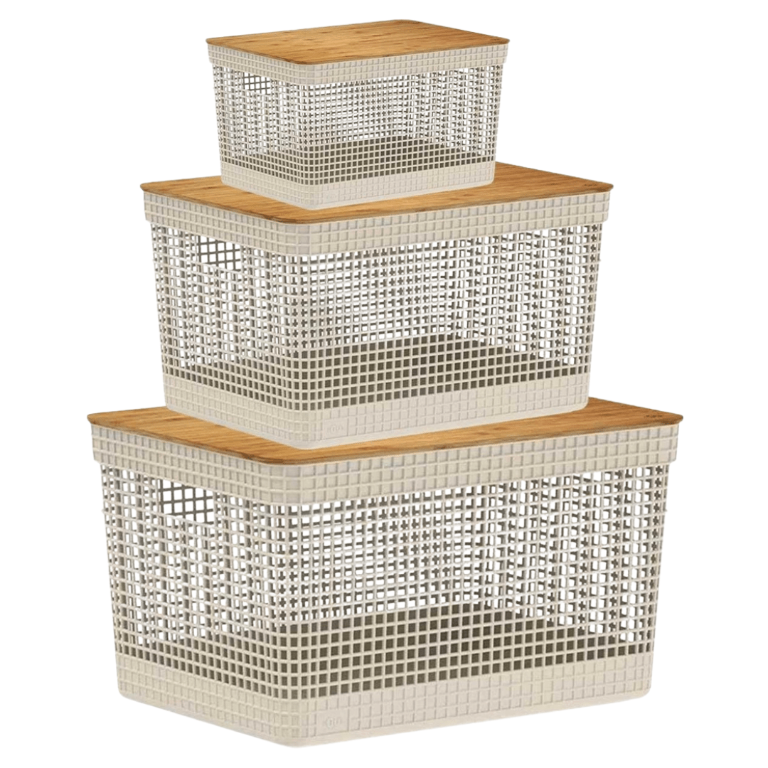 Conjunto 3 Cestos Organizadores Grid Bege com Tampa de Bambu - Ela Decora
