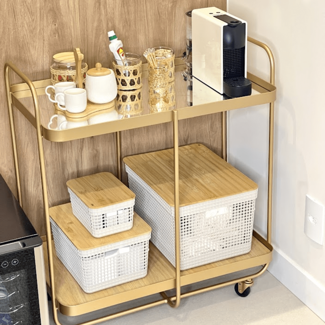 Conjunto 3 Cestos Organizadores Grid Bege com Tampa de Bambu - Ela Decora