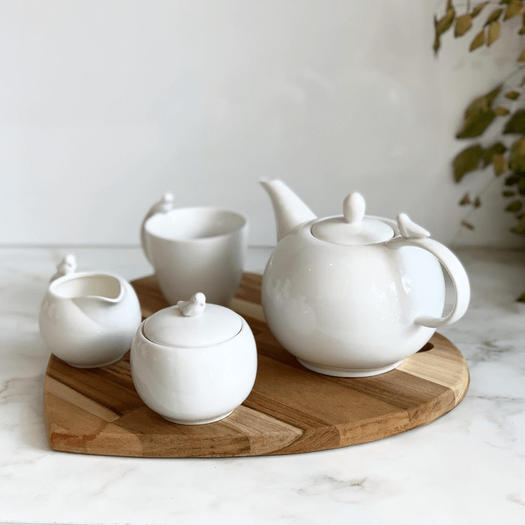 Conjunto 3 Peças Porcelana Para Chá e Café Birds Branco - Ela Decora
