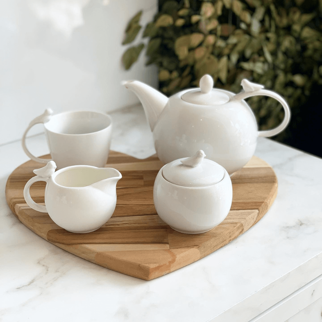 Conjunto 3 Peças Porcelana Para Chá e Café Birds Branco - Ela Decora