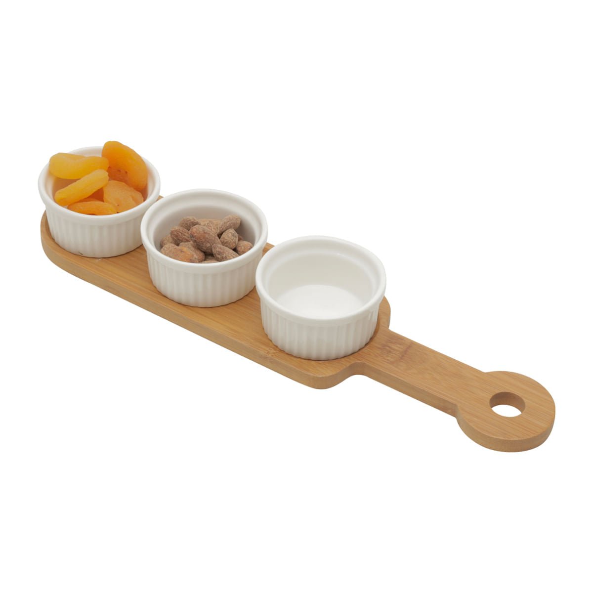 Conjunto 3 Petisqueiras Porcelana com Suporte Bambu 33cm - Ela Decora