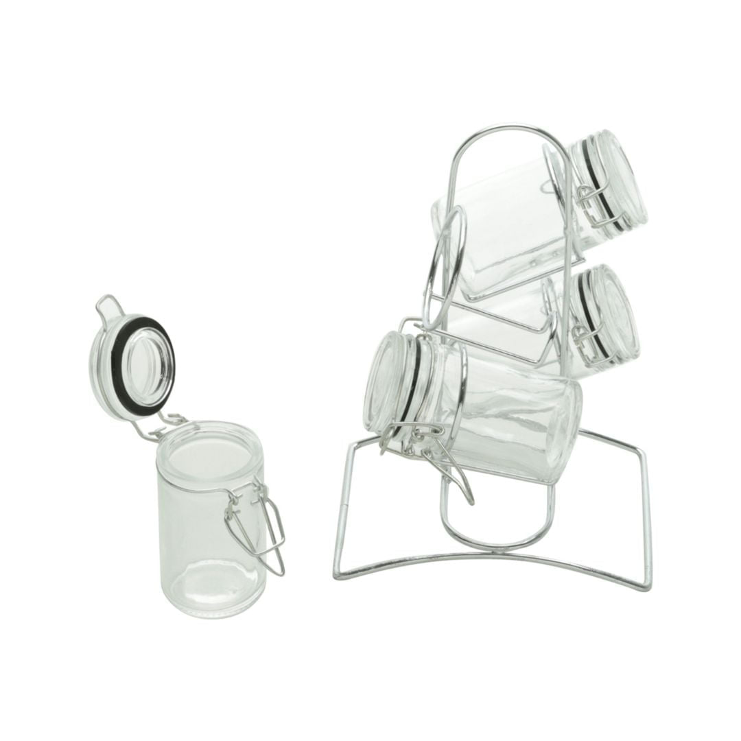 Conjunto 4 Potes Vidro Borossilicato com Tampa Hermética 65ml e Suporte de Metal - Ela Decora
