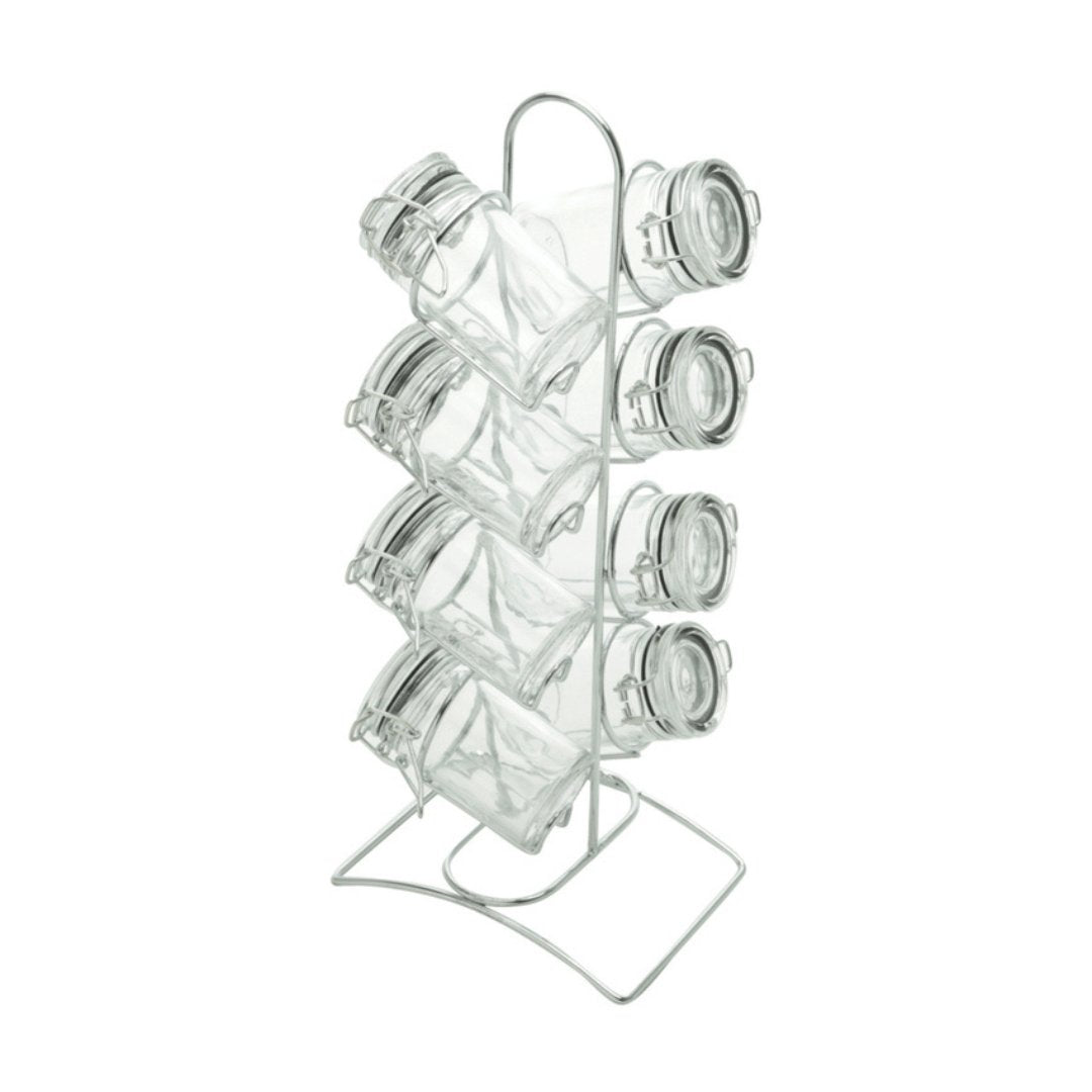 Conjunto 8 Potes Herméticos Vidro Borossilicato 65ml com Suporte de Metal Cromado - Ela Decora