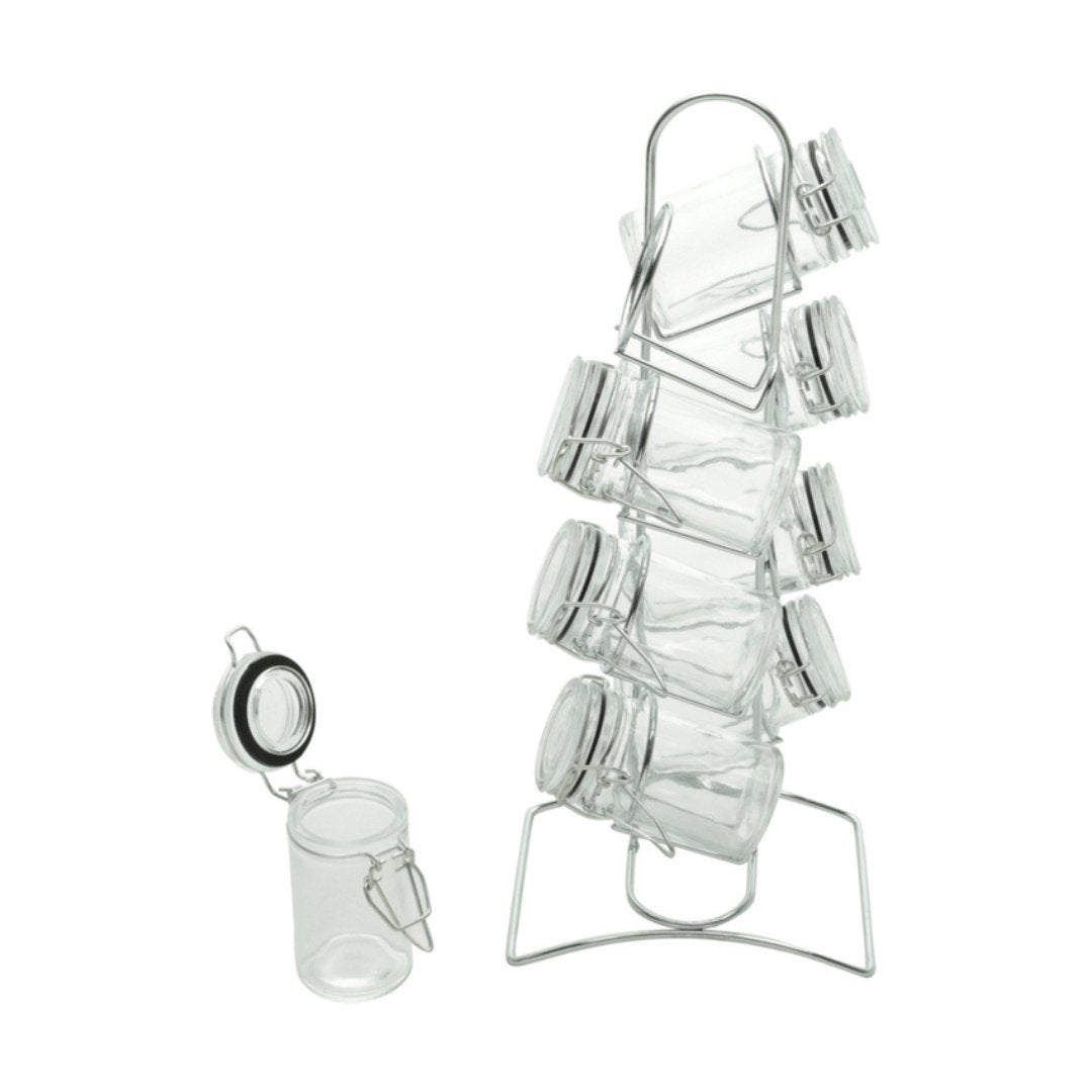 Conjunto 8 Potes Herméticos Vidro Borossilicato 65ml com Suporte de Metal Cromado - Ela Decora