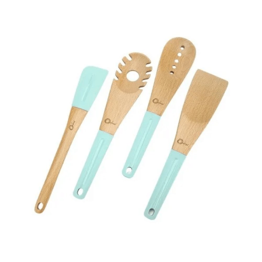 Conjunto com 4 Utensílios de Madeira e Silicone Water Blue - Ela Decora