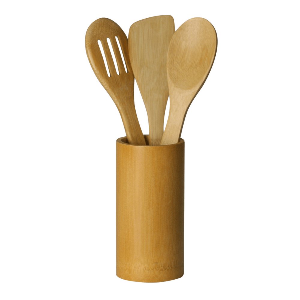 Conjunto de 3 Utensílios com Suporte de Bambu 30 x 8 cm - Ela Decora