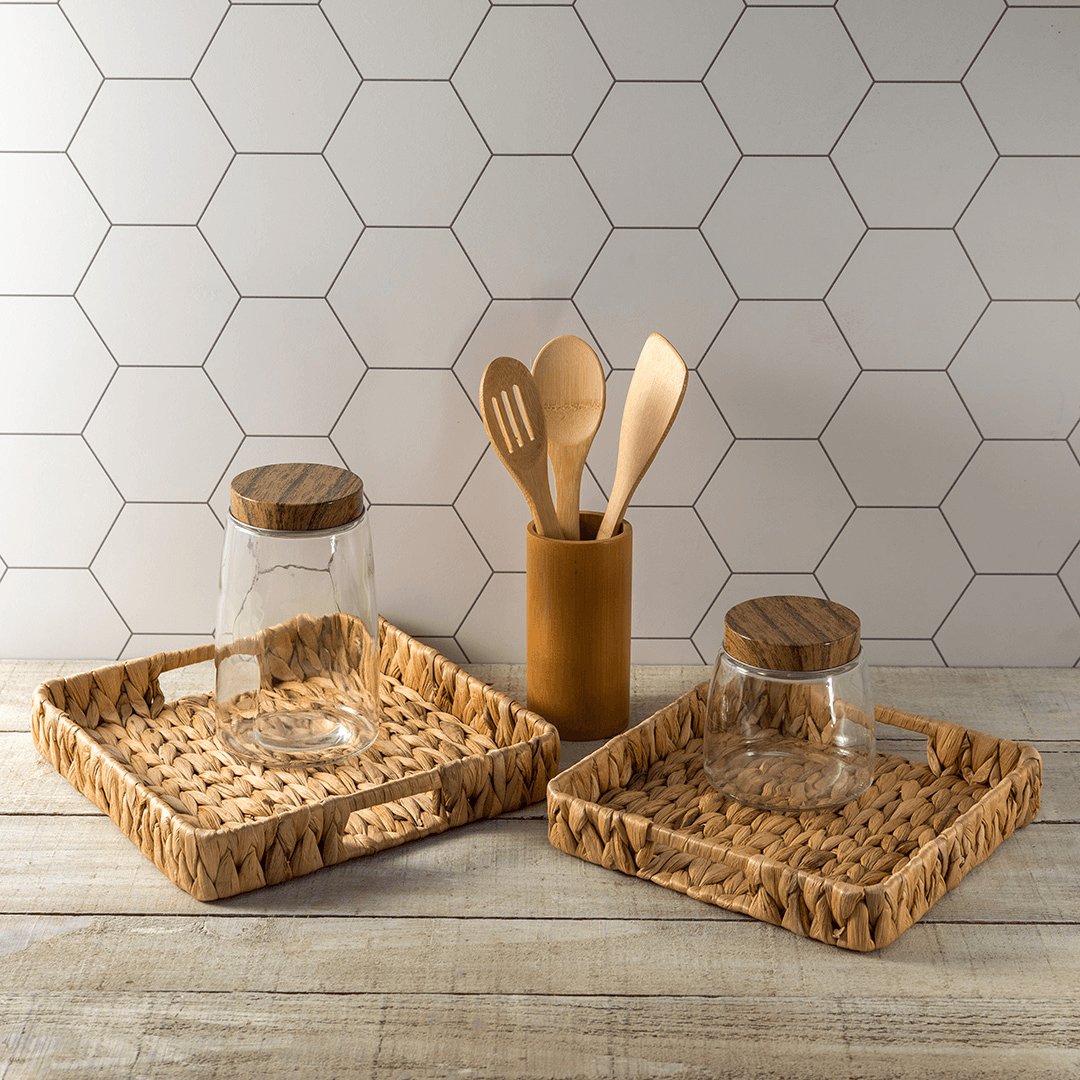 Conjunto de 3 Utensílios com Suporte de Bambu 30 x 8 cm - Ela Decora