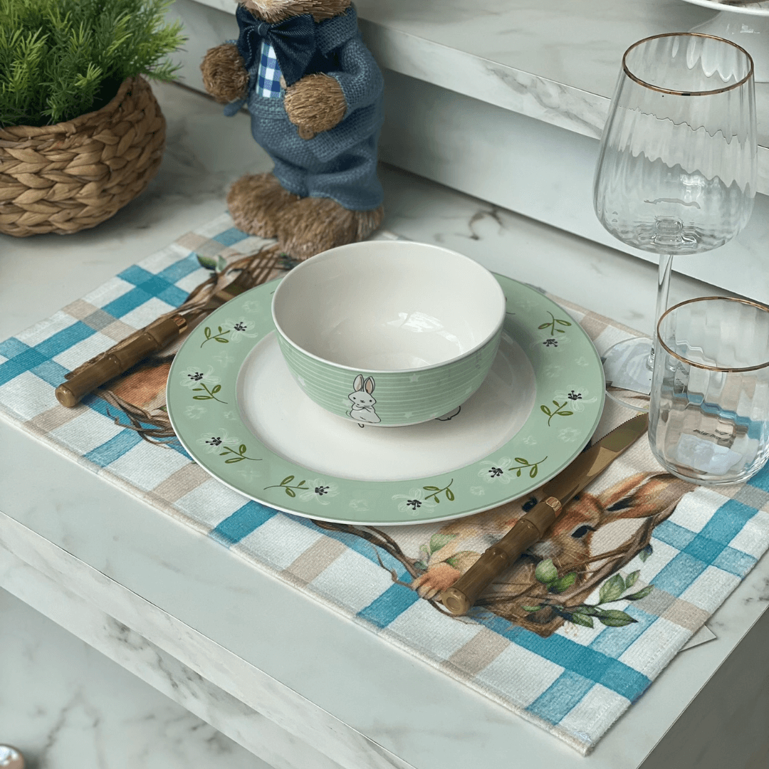 Conjunto de Jogo Americano Retangular Coelhos Xadrez Páscoa 48cm 2 Peças - Ela Decora