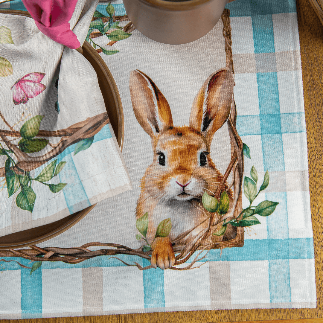Conjunto de Jogo Americano Retangular Coelhos Xadrez Páscoa 48cm 2 Peças - Ela Decora
