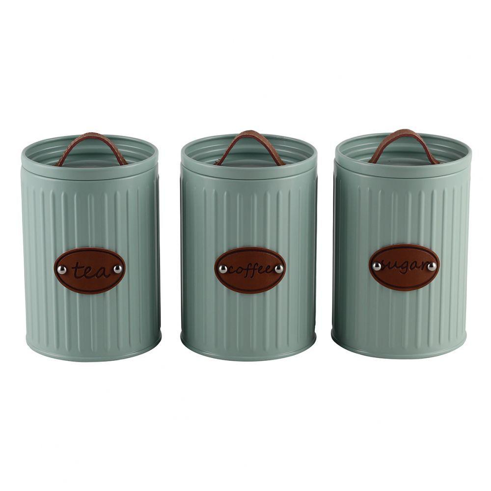 Conjunto de Latas Herméticas Porta Condimentos de Ferro Verde Menta e Tampa com Puxador Couro Sugar Coffee Tea - 3 Peças - Ela Decora