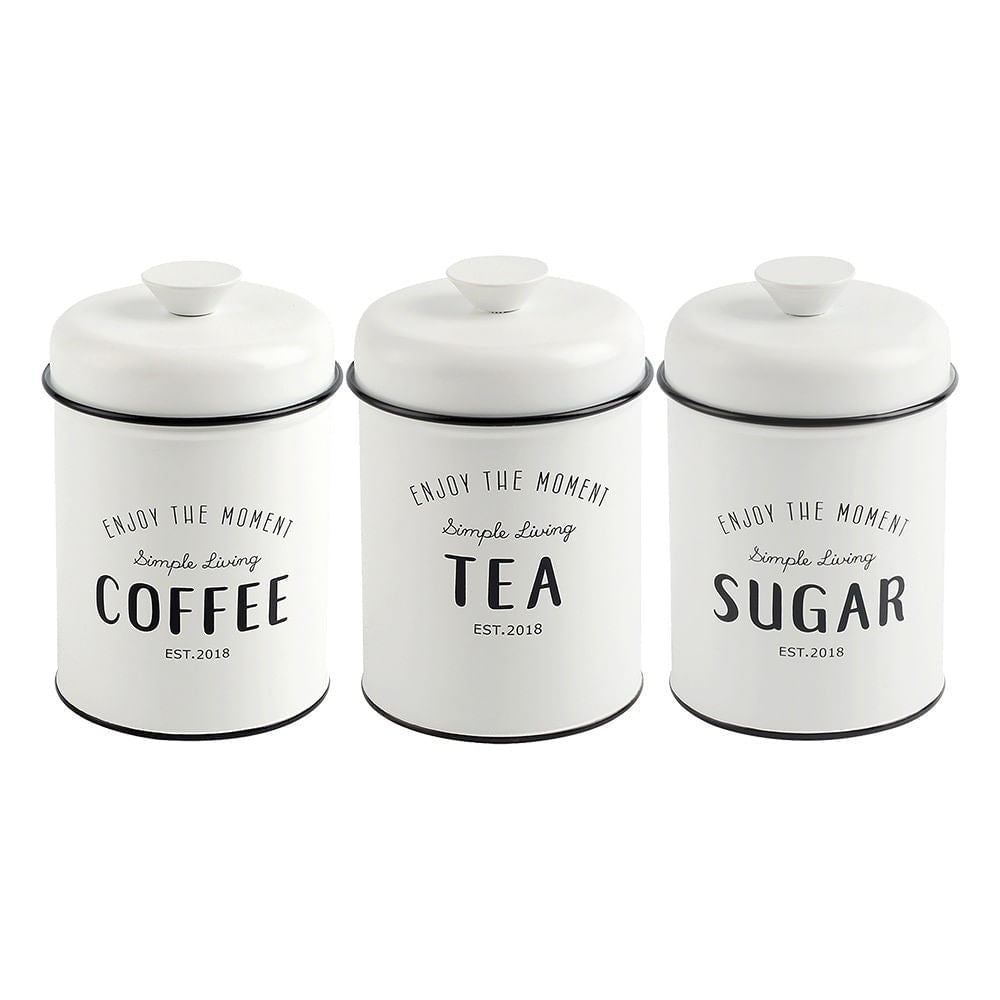 Conjunto de Latas Herméticas Porta Condimentos em Metal Branco Sugar Coffee Tea - 3 Peças - Ela Decora