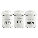 Conjunto de Latas Herméticas Porta Condimentos em Metal Branco Sugar Coffee Tea - 3 Peças - Ela Decora