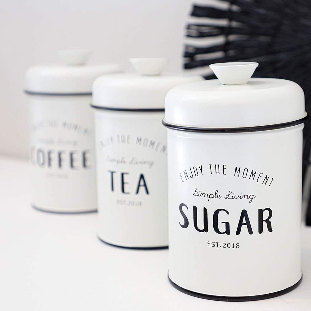 Conjunto de Latas Herméticas Porta Condimentos em Metal Branco Sugar Coffee Tea - 3 Peças - Ela Decora
