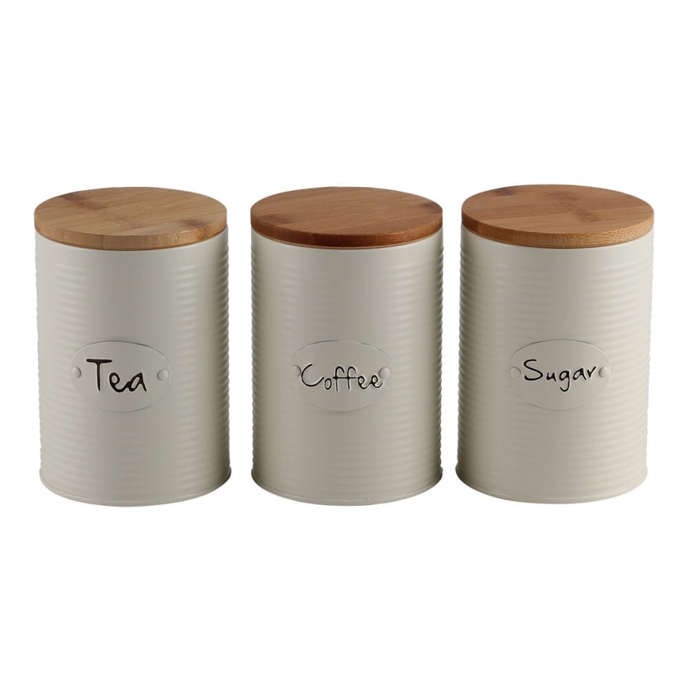 Conjunto de Latas Herméticas Porta Condimentos em Metal Branco Tampa Madeira Sugar Coffee Tea - 3 Peças - Ela Decora