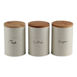 Conjunto de Latas Herméticas Porta Condimentos em Metal Branco Tampa Madeira Sugar Coffee Tea - 3 Peças - Ela Decora