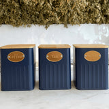 Conjunto De Potes Porta Condimento De Ferro 3pcs Azul e Madeira - Ela Decora