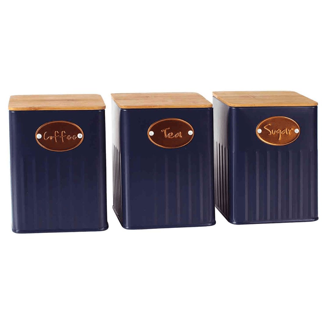 Conjunto De Potes Porta Condimento De Ferro 3pcs Azul e Madeira - Ela Decora