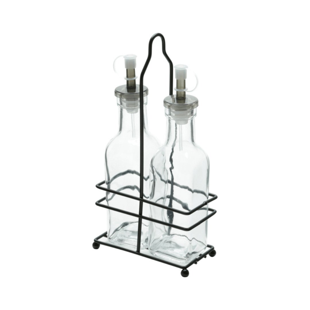 Conjunto Galheteiros Vidro Borossilicato com Suporte de Metal Preto 3 Peças - Ela Decora