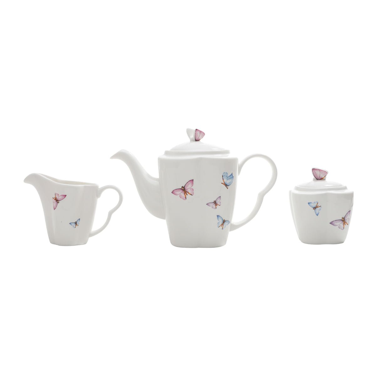 Conjunto para Café Bule Açucareiro Leiteira Porcelana Borboletas Branco 3 Peças - Ela Decora