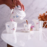 Conjunto para Café Bule Açucareiro Leiteira Porcelana Borboletas Branco 3 Peças - Ela Decora