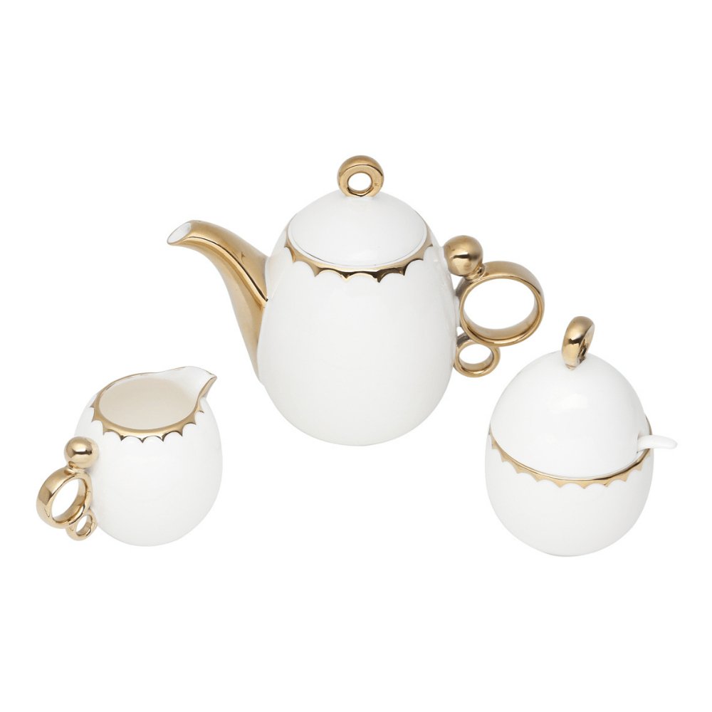 Conjunto Para Café Bule Açucareiro Leiteira Porcelana Dourado - 3 Peças - Ela Decora