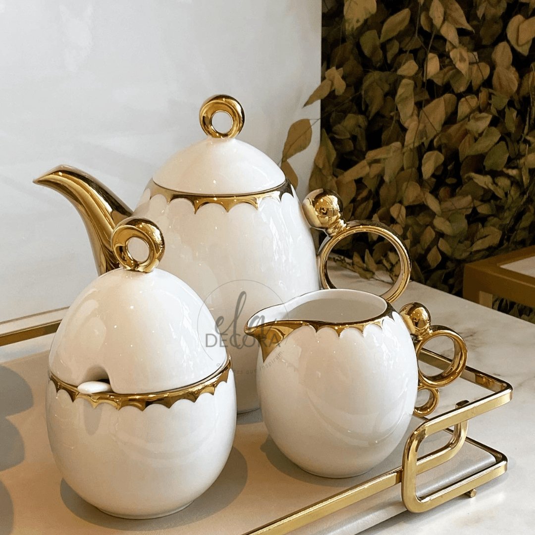 Conjunto Para Café Bule Açucareiro Leiteira Porcelana Dourado - 3 Peças - Ela Decora