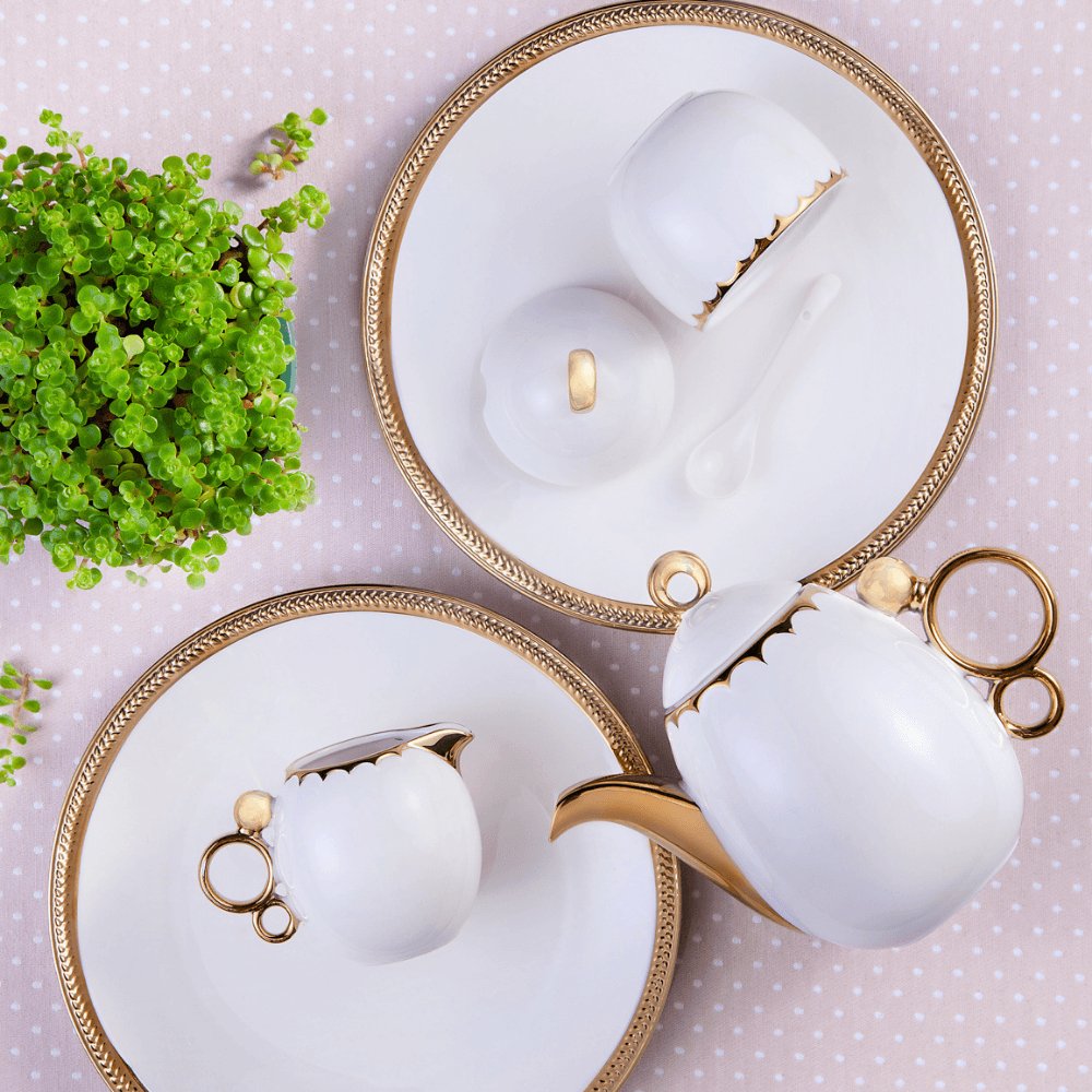 Conjunto Para Café Bule Açucareiro Leiteira Porcelana Dourado - 3 Peças - Ela Decora