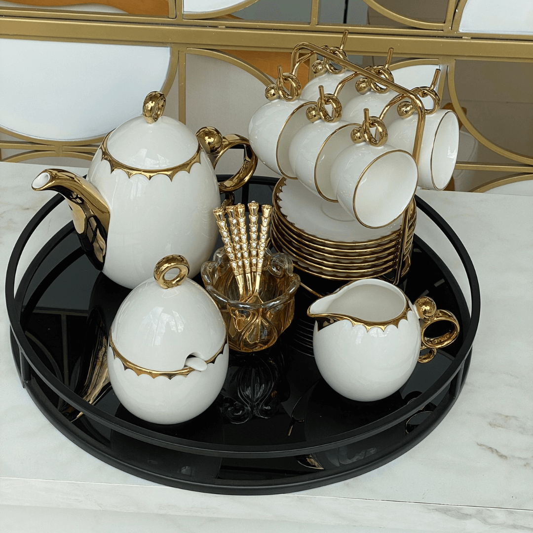 Conjunto Para Café Bule Açucareiro Leiteira Porcelana Dourado - 3 Peças - Ela Decora
