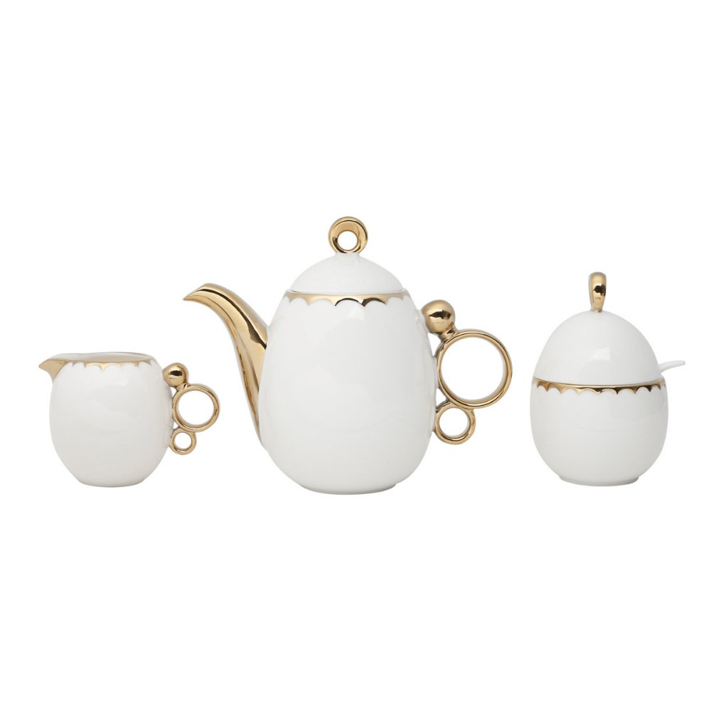 Conjunto Para Café Bule Açucareiro Leiteira Porcelana Dourado - 3 Peças - Ela Decora