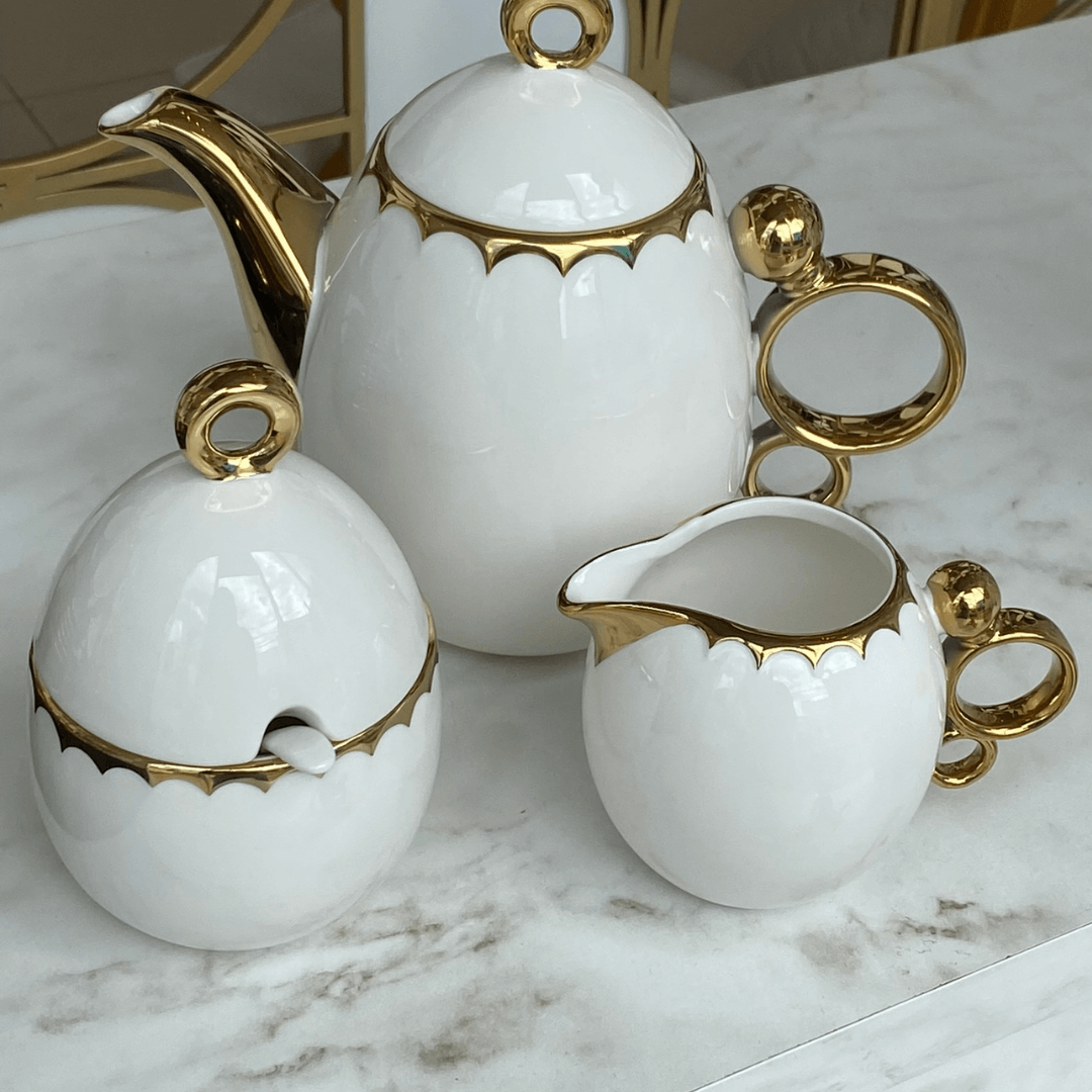 Conjunto Para Café Bule Açucareiro Leiteira Porcelana Dourado - 3 Peças - Ela Decora