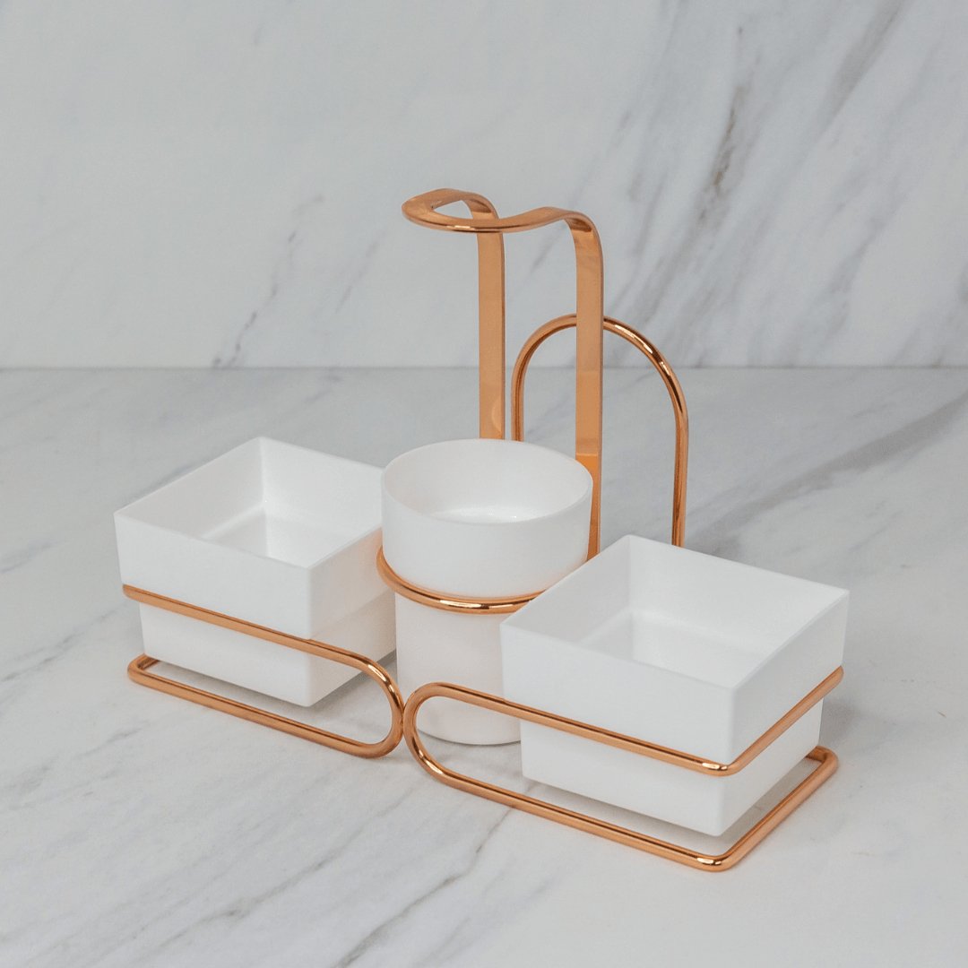 Conjunto para Chá e Café Porta Sachês Mexedor Branco e Rose Gold 3 em 1 - Ela Decora