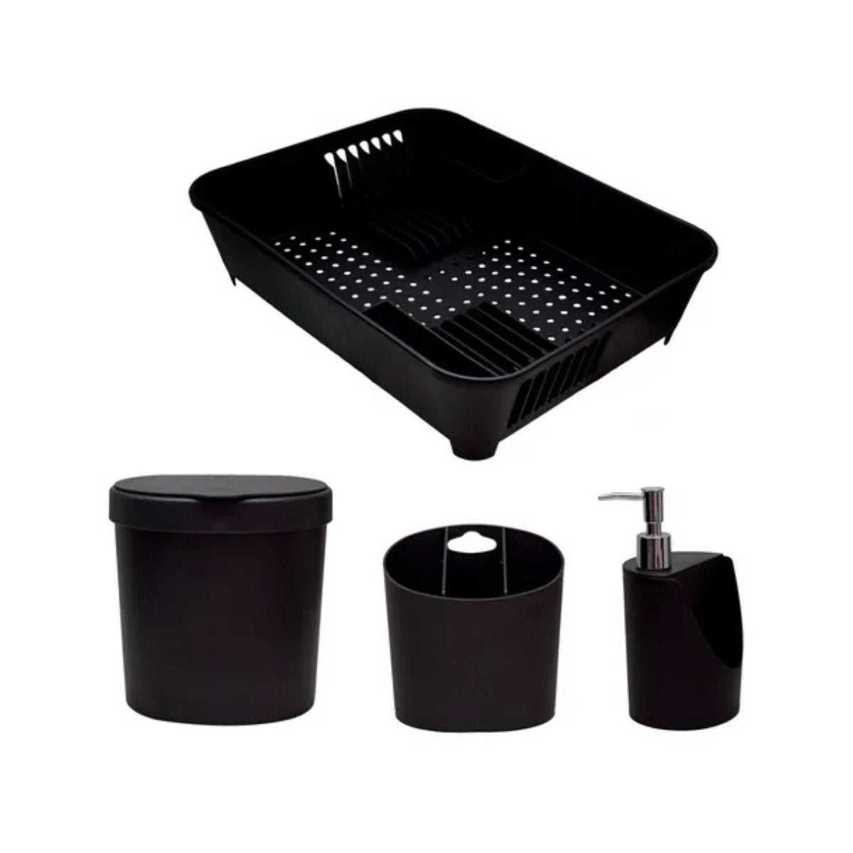 Conjunto para Pia de Cozinha Preto Escorredor Lixeira Dispenser Porta Talher 4 Peças - Ela Decora