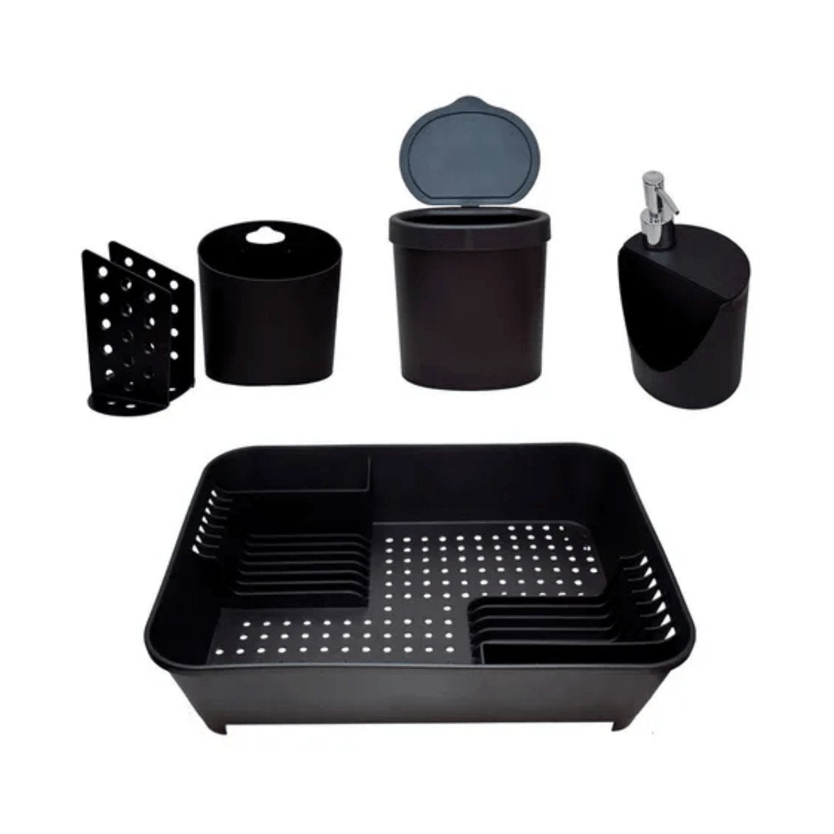 Conjunto para Pia de Cozinha Preto Escorredor Lixeira Dispenser Porta Talher 4 Peças - Ela Decora