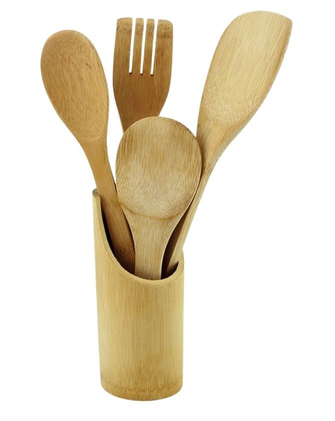 Conjunto Utensilios de Cozinha com Suporte em Bambu 5 Peças - Ela Decora