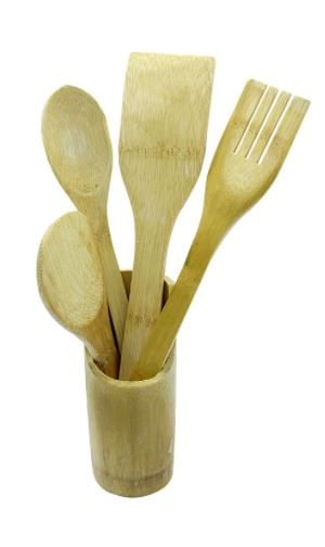 Conjunto Utensilios de Cozinha com Suporte em Bambu 5 Peças - Ela Decora