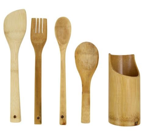 Conjunto Utensilios de Cozinha com Suporte em Bambu 5 Peças - Ela Decora